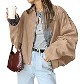 HOTIAN Women's Faux Suede Bomber Jacket Zipper Pilot Coat Casual Lapel Oversized Long Sleeves Y2K Outerwear Coats