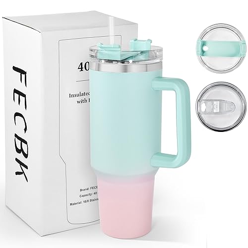 FECBK 40oz Tumbler with Straw and Lid 1.2L, 100% Leak-Proof Travel Mug with Handle, Stainless Steel Vacuum Insulated Water Bottle Coffee Cup Keeps Cold 34H / Hot 12H, Bubble Gum