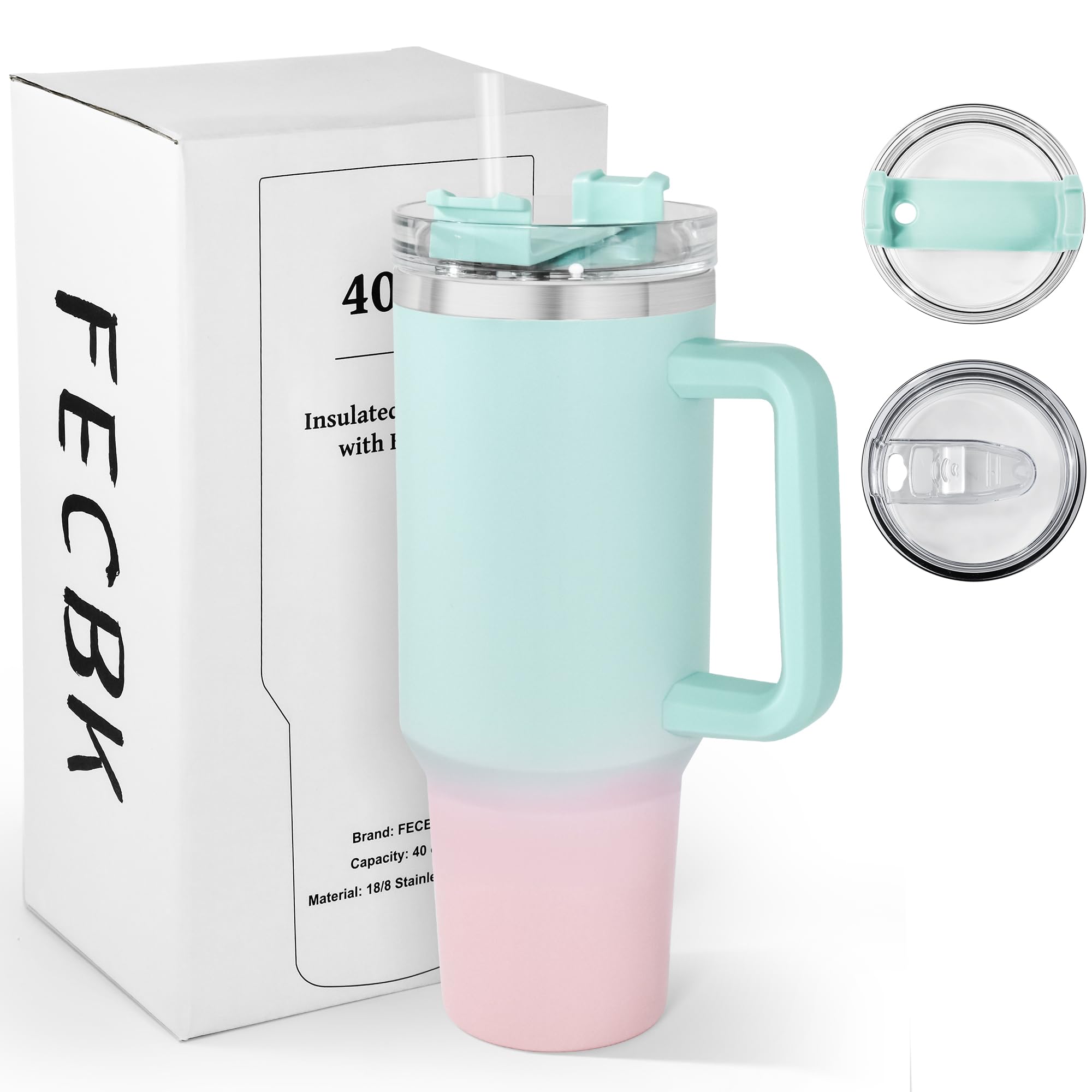 FECBK 40oz Tumbler with Straw and Lid 1.2L, 100% Leak-Proof Travel Mug with Handle, Stainless Steel Vacuum Insulated Water Bottle Coffee Cup Keeps Cold 34H / Hot 12H, Bubble Gum