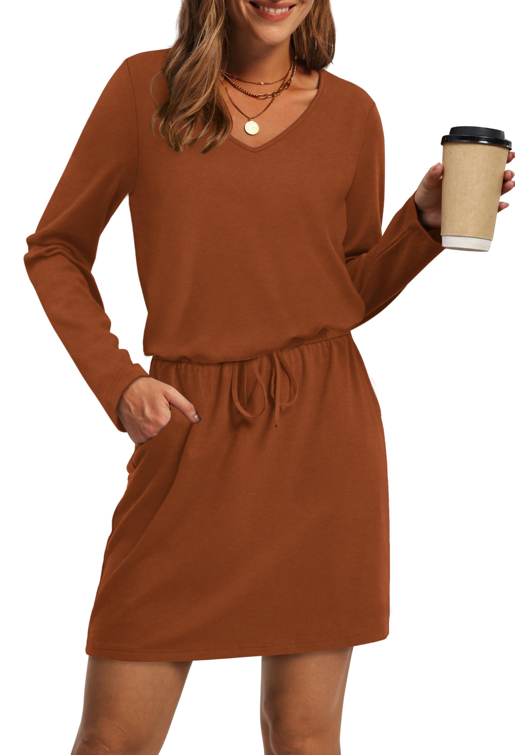 Photo 1 of Chocolate Brown Fall Clothes Womens Dresses V Neck Long Sleeve T Shirts Casual Dress Sundresses Beach Fashion XL