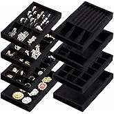 Elsjoy 8 Pack 4 Styles Black Velvet Jewelry Trays, 8" x 5" Jewelry Organizer Tray Stackable Jewelry Storage Tray for Drawer, Rings, Earrings, Necklace