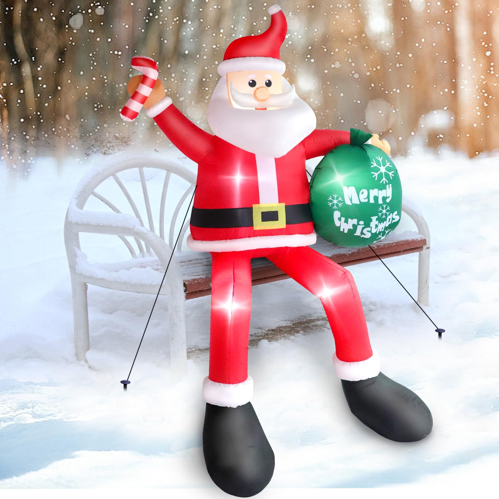 Photo 1 of 8 FT Inflatable Sitting Santa Claus Christmas Outdoor Decorations, Blow Up Santa Claus with Gift Bag Sitting on Roof Wall Tree Chair, Outdoor/Indoor Decorations for Street House Patio Bench Shrubs