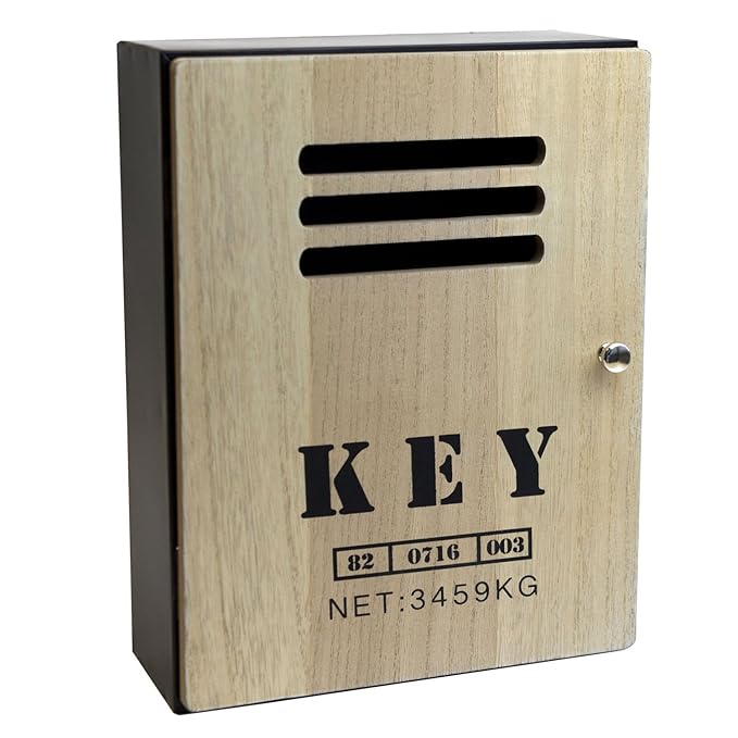Schlüsselkasten 'Key' Metallkorpus, Holztür, Magnetverschluß, 8 Haken, 23,5x30,5x10,5cm, Schwarz/Natur
