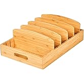 Umilife Large Food Container Lids Organizer for Kitchen Cabinet and Drawer, Bamboo Organizer with 5 Tall Adjustable Dividers, Plastic Lids Organization and Storage