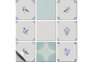 CONCHLERY 36 Pcs 9 Style Tile Stickers Blue Patterns Peel and Stick Delft Bird Wall Tile Stickers Waterproof Self Adhesive Pl
