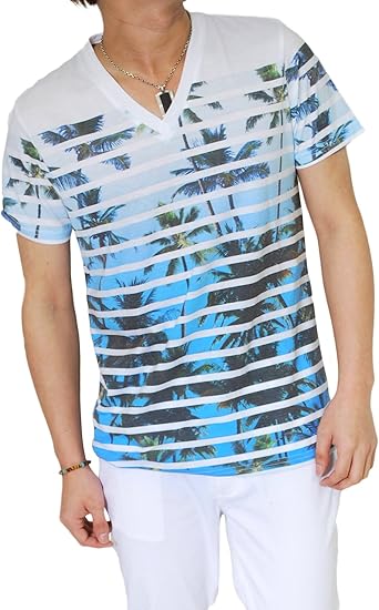 Amazon ロハス Lohasヤシ柄 花柄ボーダープリントtシャツ メンズ トップス Tシャツ 半袖 Vネック カットソー 白 M Blue80 ブルー80 Tシャツ カットソー 通販