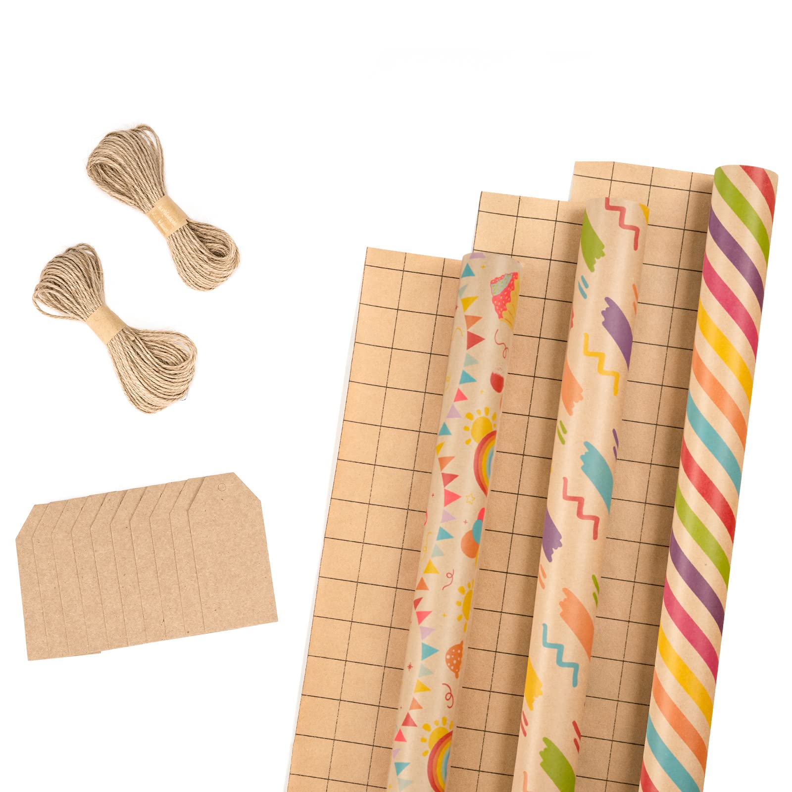 RUSPEPA Wrapping Paper Rolls with Tags, Jute String - 43cm x 3m per Roll, Total of 3 Rolls, Birthday