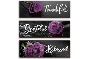 ZINYAZHE 3 Pcs Purple Bathroom Decor Purple Rose Wall Art Inspirational Flower Kitchen Sign Purple and Black Office Decor with Thankful Grateful Blessed Quotes for Women Bedroom(Purple 12x4 Inch)