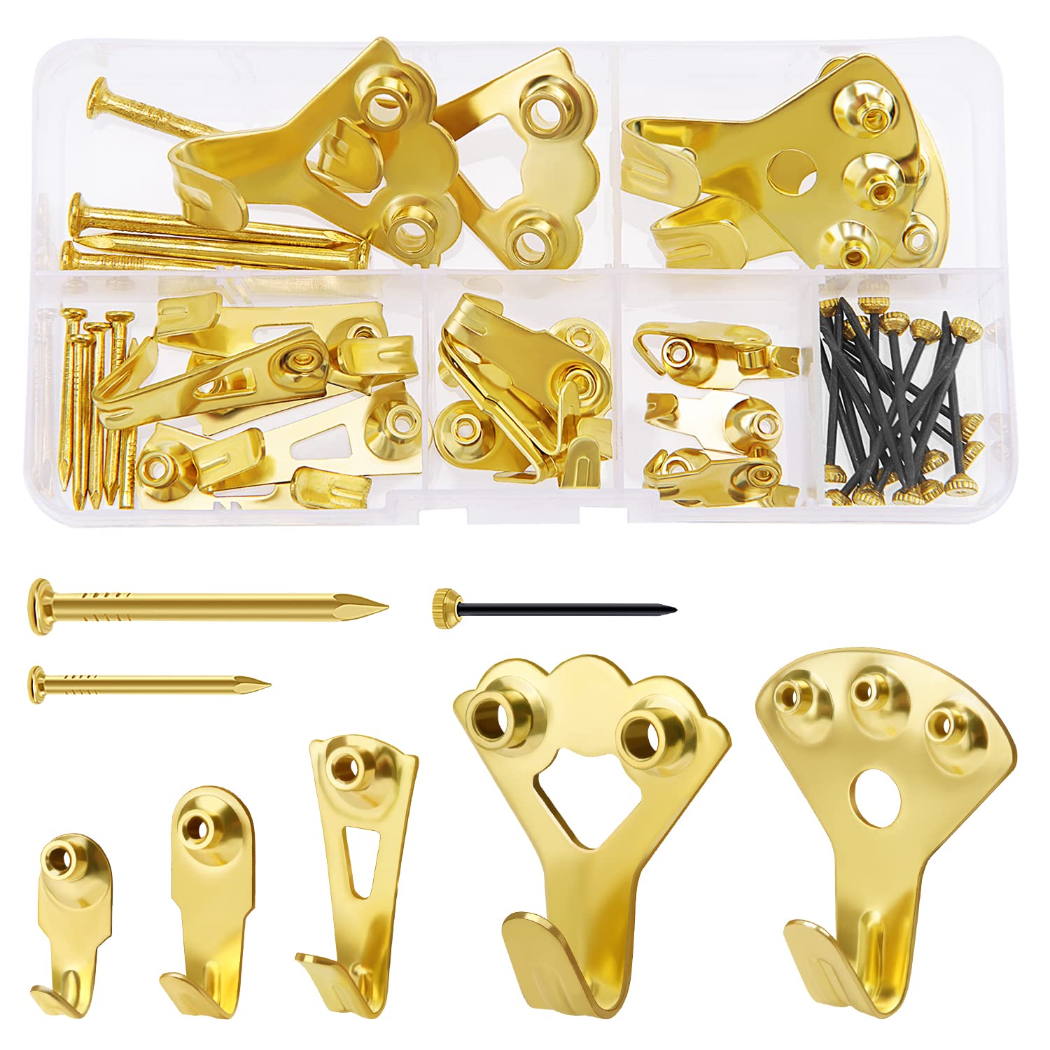 VooGenzek 44 PCS Assorted Metal Picture Hook Kit, Versatile Frame Hanging Hook Hardware with Nails, for Mirror Fixing