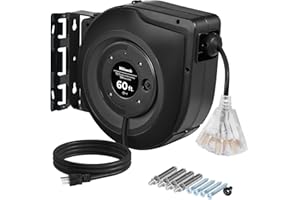 WILAWELS Retractable Extension Cord Reel, 60 FT Heavy Duty Extension Cord, 12AWG/3C SJTOW, 3 Grounded Outlets Lighted Triple Tap, 15A Circuit Breaker, Wall/Ceiling Mounted, UL Listed, H60CR06