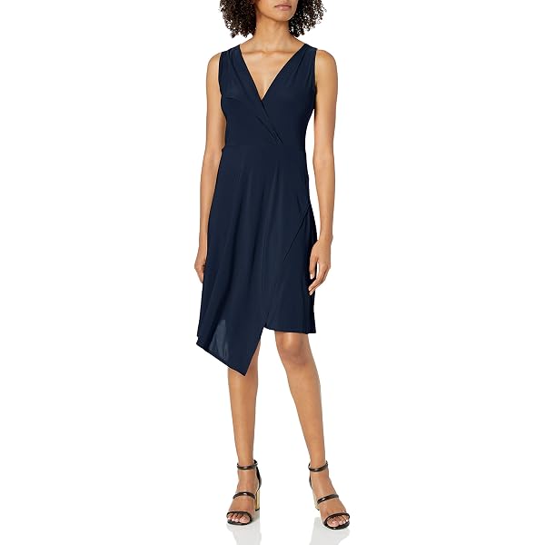 asymmetrical faux wrap midi dress vince camuto Womens Vince Camuto Faux Wrap Dress Satin Black Midi Asymmetric Neckline  Size 2