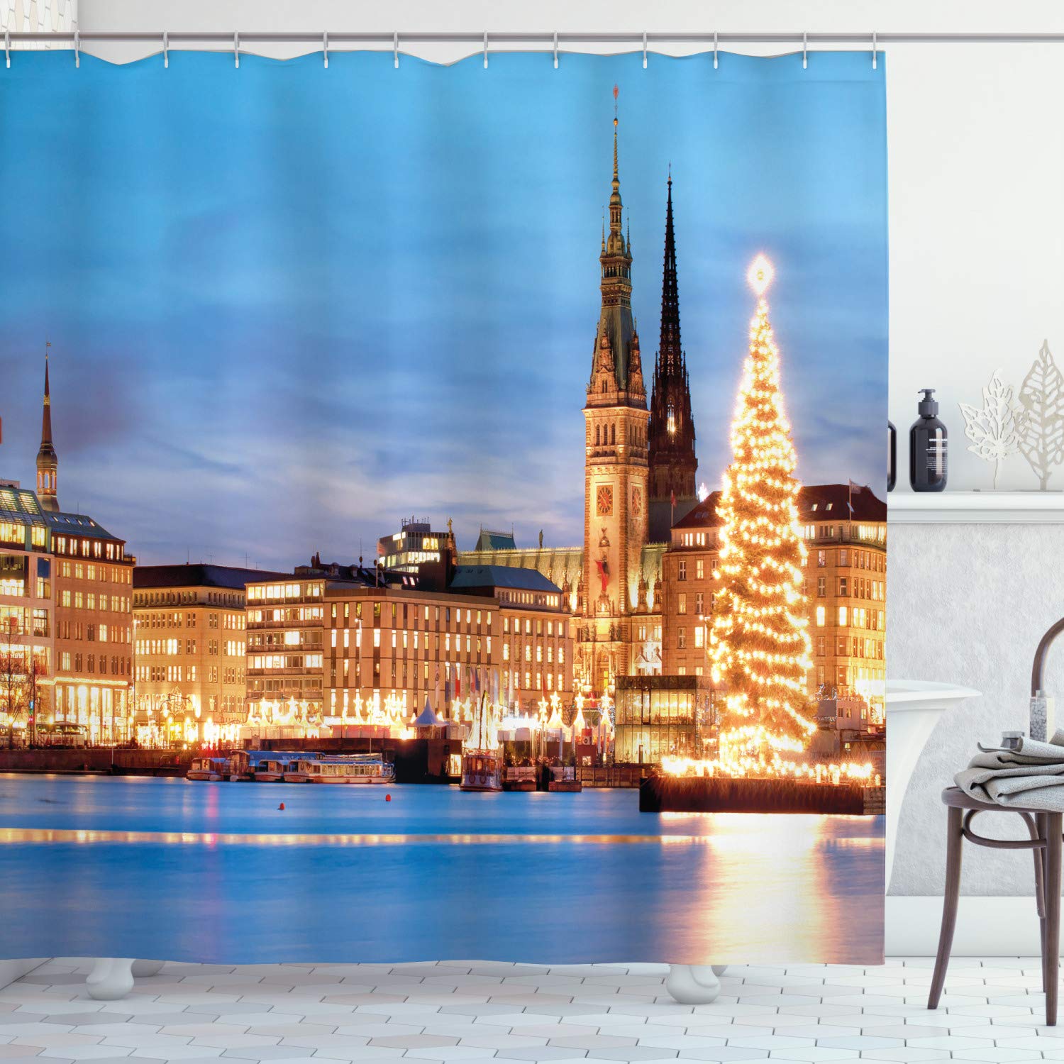 ABAKUHAUS Winter Shower Curtain, Hamburg Germany Old Town Hall with Christmas Tree Historical Architecture, Cloth Fabric Bathroom Decor Set with Hooks, 78 Inches, Blue Orange Brown