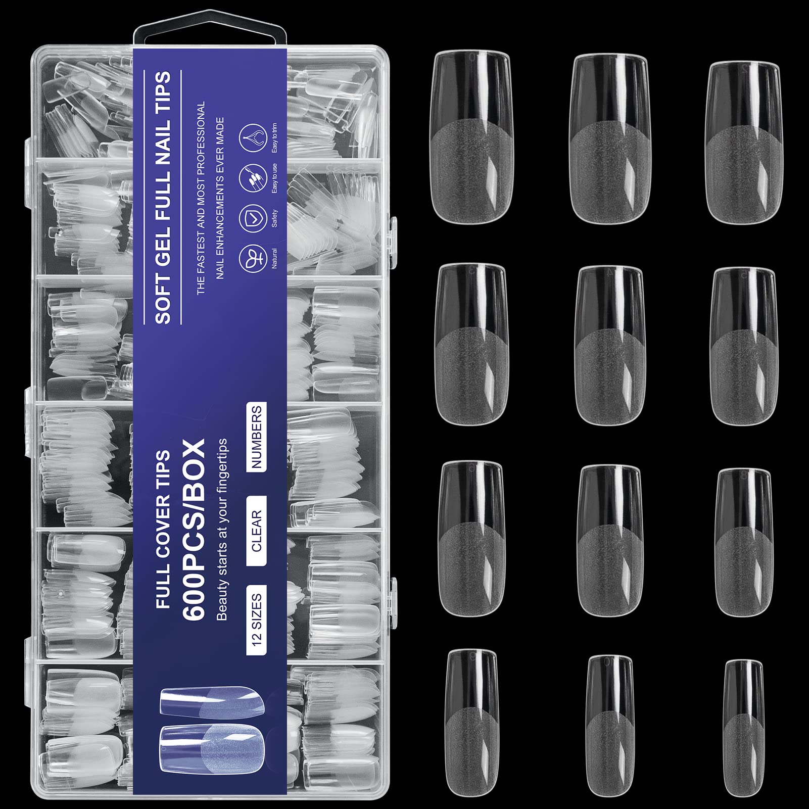 AORAEM Square Nail Tips 600 PCS Artificial Full Cover Nail Tips Soft Clear Nail Tips 12 Sizes Acrylic Medium Square Press on Nails Tapered Square False Nails with Box for Home DIY Nail Salon - Image 8