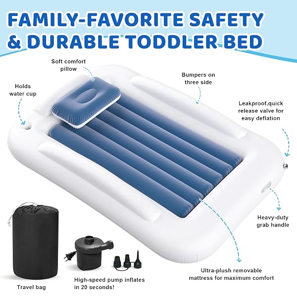 DEETECK INFLATABLE TODDLER TRAVEL BED – 60 INCHES PORTABLE TODDLER BED FOR TRAVEL WITH SAFETY SIDES – COZY KIDS AIR MATTRESS SET WITH BUILT-IN ELECTRIC PUMP & CARRY CASE- EASY TO INFLATE – SEA BLUE