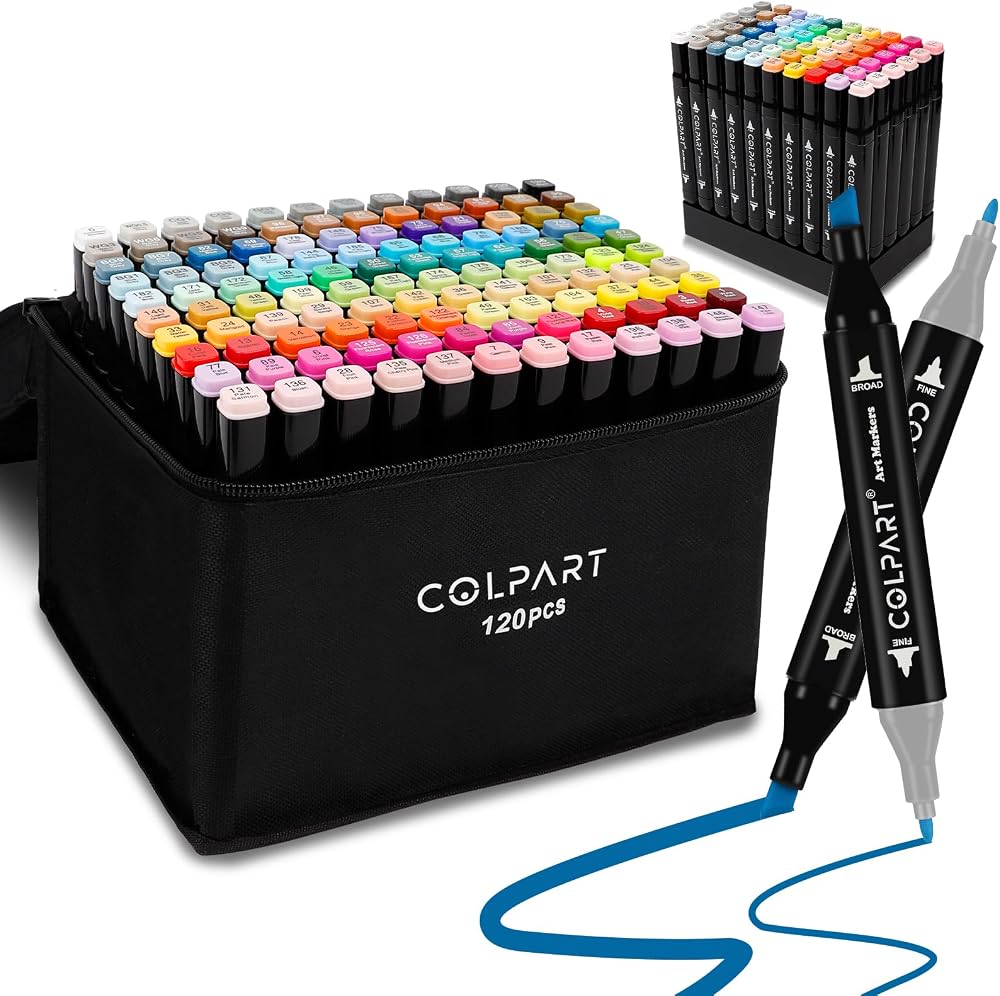 colpart 120+2 Dual Tip Alcohol Markers Set Brush & Chisel Tips
