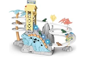 GEMPRIME Goods Dinosaur Climbing Slide Toy, Dinosaur Race Track Game Set Dino Car Track Adventure Slide Toy with Climbing Stairs, Lights and Music Toys for Toddlers Kids Boys Girls Age 3-8 - Blue