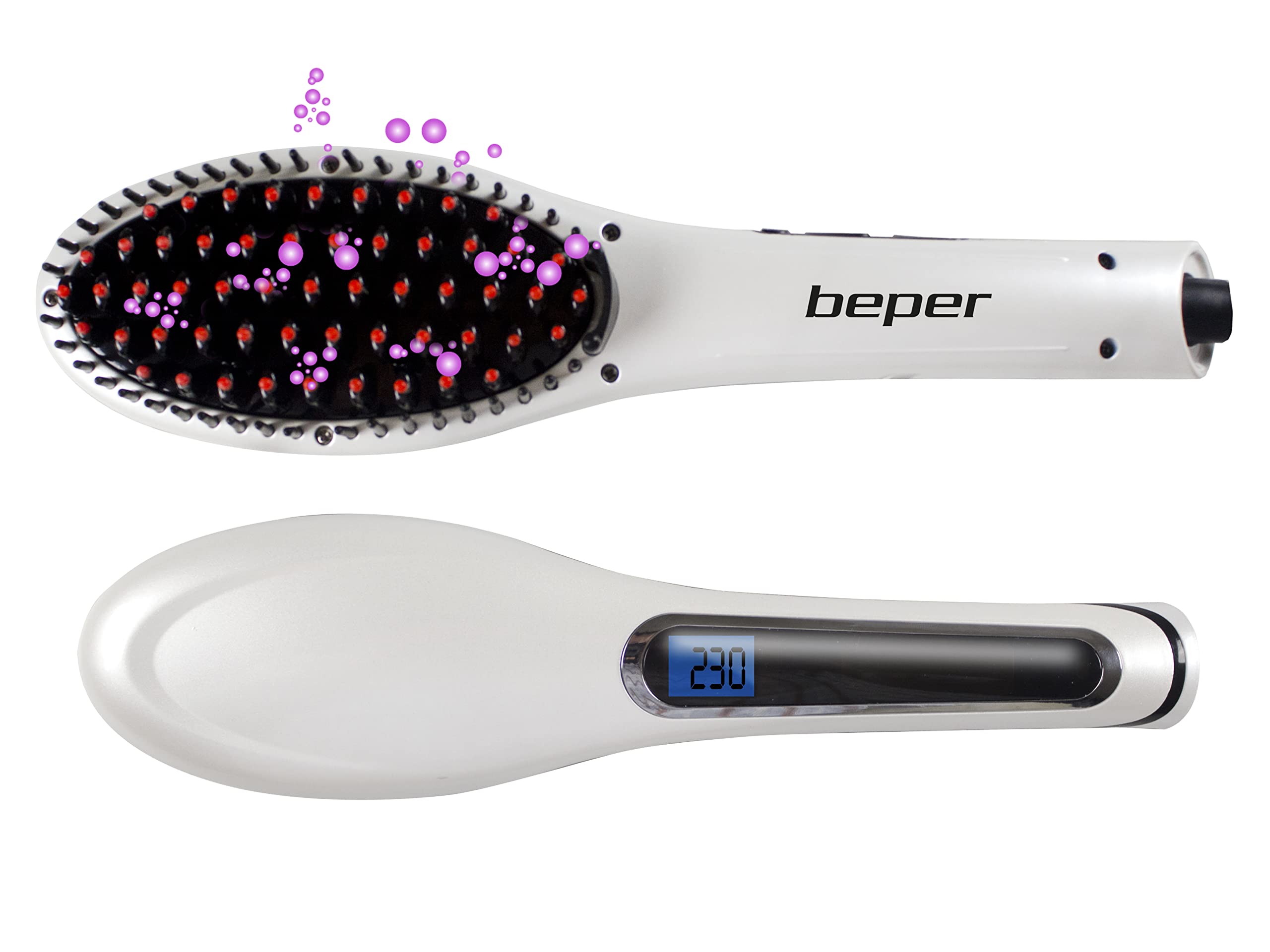Beper 40.926 2-in-1 Hair Straightening Brush Ceramic, Ionic Technology, LCD Display, Adjustable Temperature, 360 Degree Swivel Cord, Frizz-Free, Silky Hair, Black-White