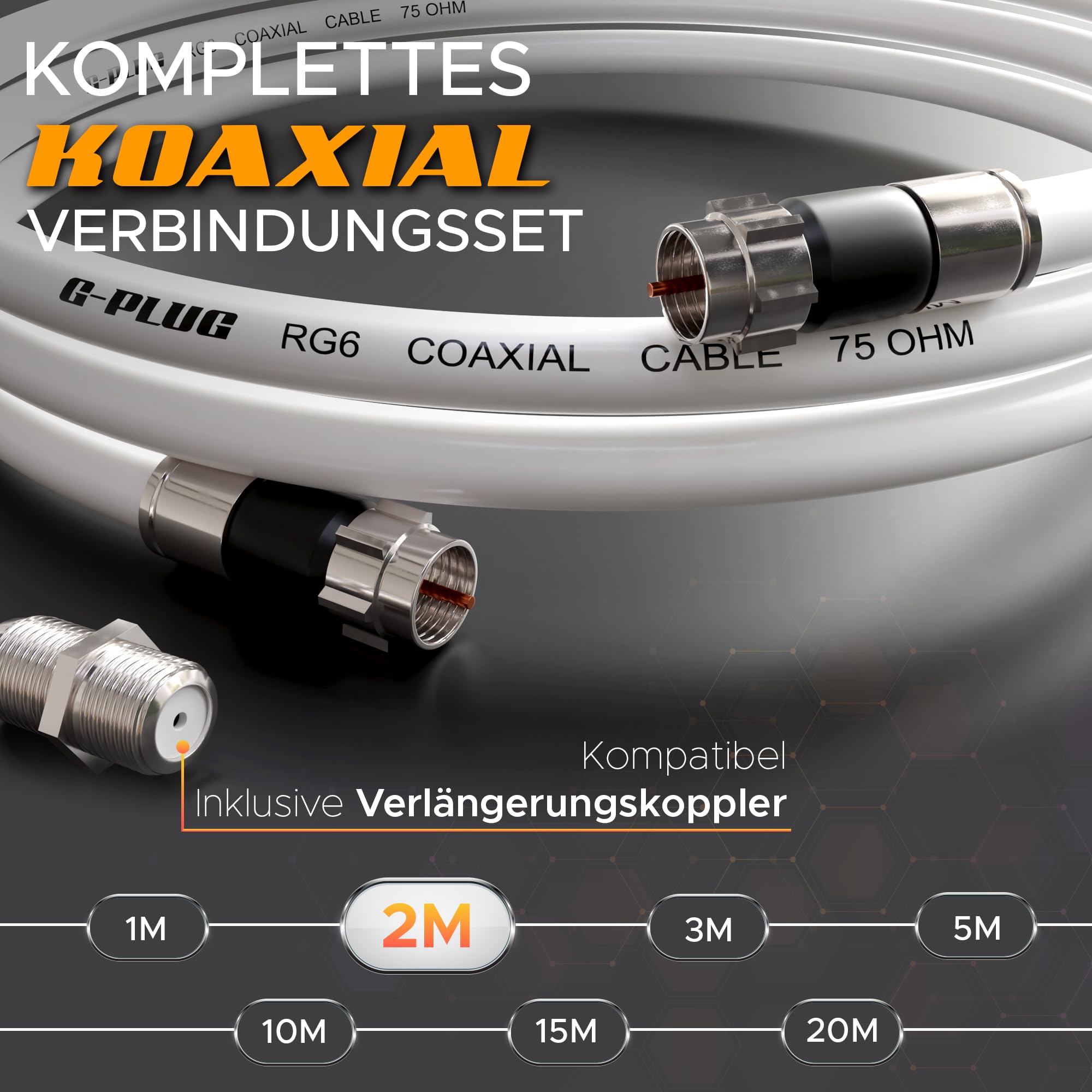 G-PLUG 2m Koaxialkabel RG6 – 135dB 4-fach geschirmt mit vergoldeten Steckern & Gummi-O-Ring – Antennenkabel für DVB-T2, DVB-C, DVB-S2 – HDTV 4K 3D – wasserdicht – Weiß 2