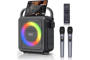 ROUWU Karaoke Machine for Adults & Kids,Portable Bluetooth 5.0 Speaker with 2 Wireless Microphones,PA System with LED Lights Supports TWS/TF Card/USB/AUX/Live/REC