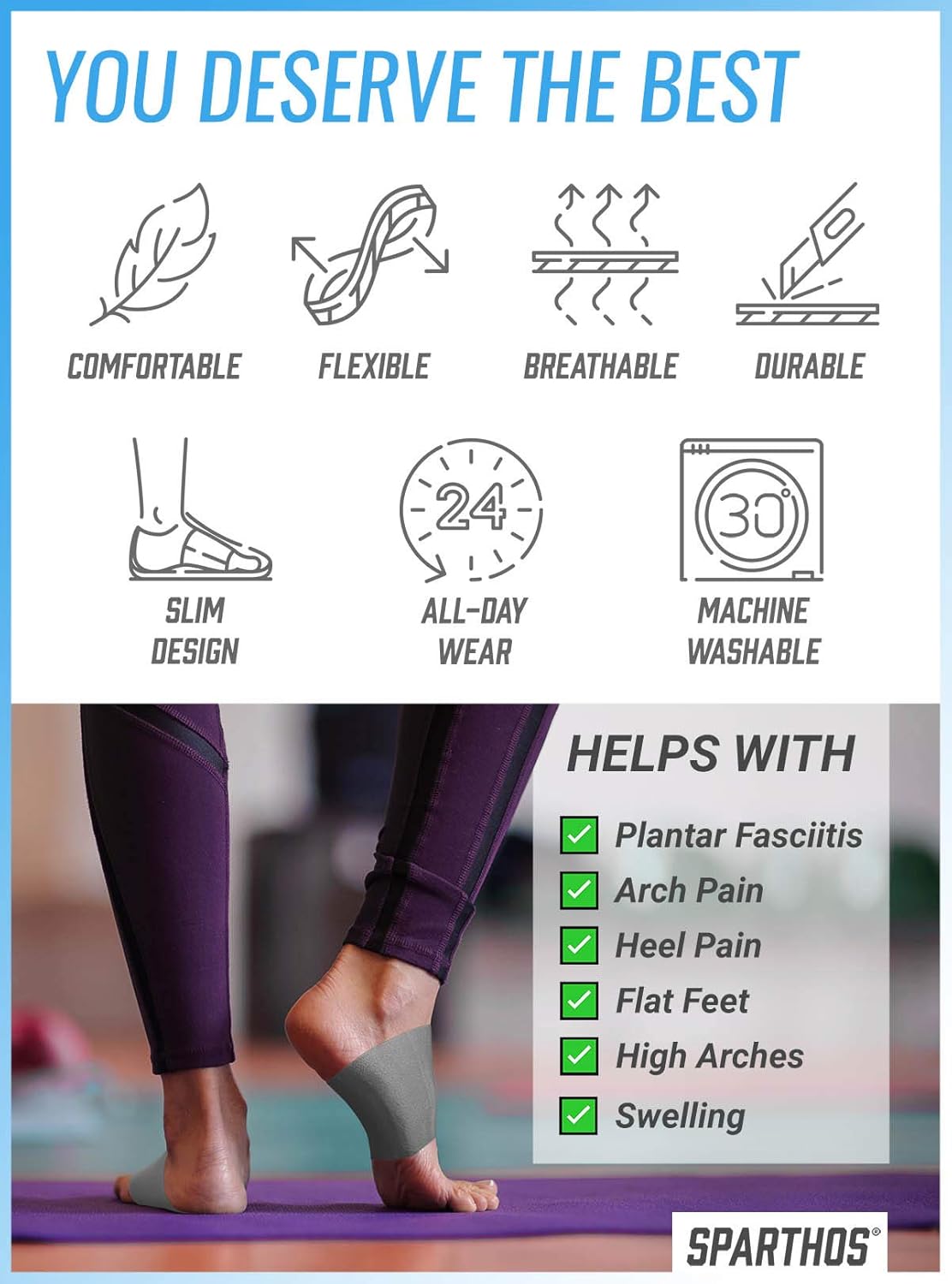 Sparthos Plantar Fasciitis Support - Arch Compression Brace - Foot Feet Brace, Ankle Pain Relief, Night Splint - Shoe Boot Sandals Insert Inserts Insoles - Mens and Womens (Gray-L): Health & Personal Care