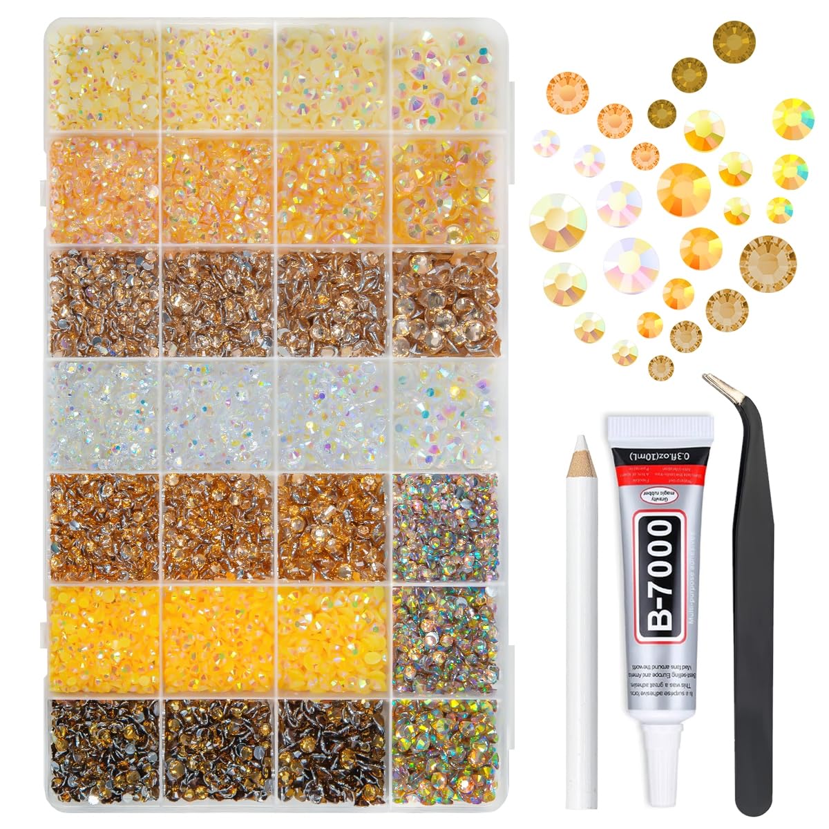 Photo 1 of qiipii 28 Types Colorful Champagne AB Jelly Resin Rhinestones w B7000 Jewelry Glue for Bedazzling Crafting 3mm-6mm Flatback Stones Gems Diamonds for Nails Face Eyes Makeup DIY Crafts Tumblers Bottles