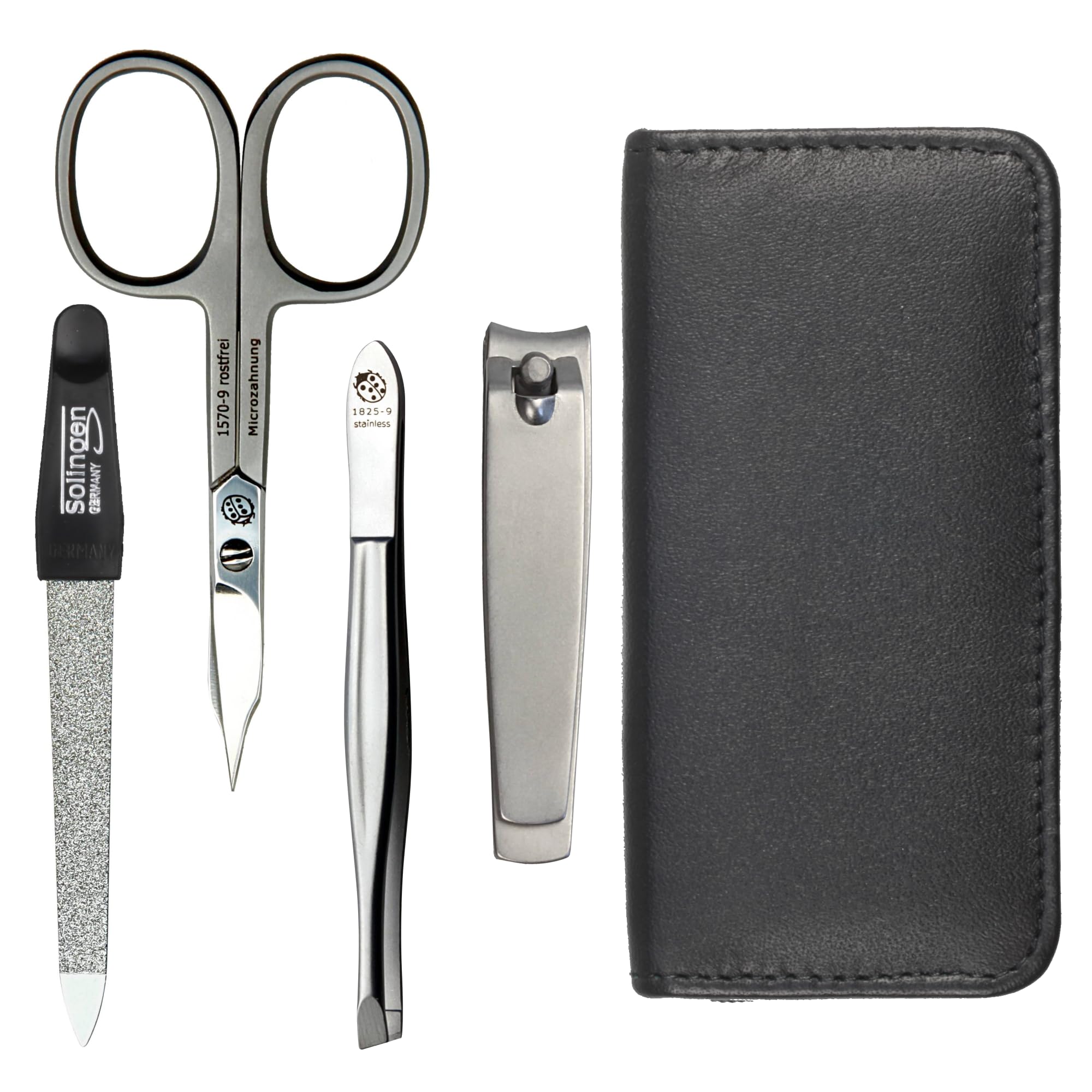 Sonnenschein by Hans Kniebes Manicure Set 4 Pieces Compact - Nail Scissors, Nail Clippers, Tweezers, Nail File - Nail Care Set Nappa Lambskin Leather Manicure Case (Black)