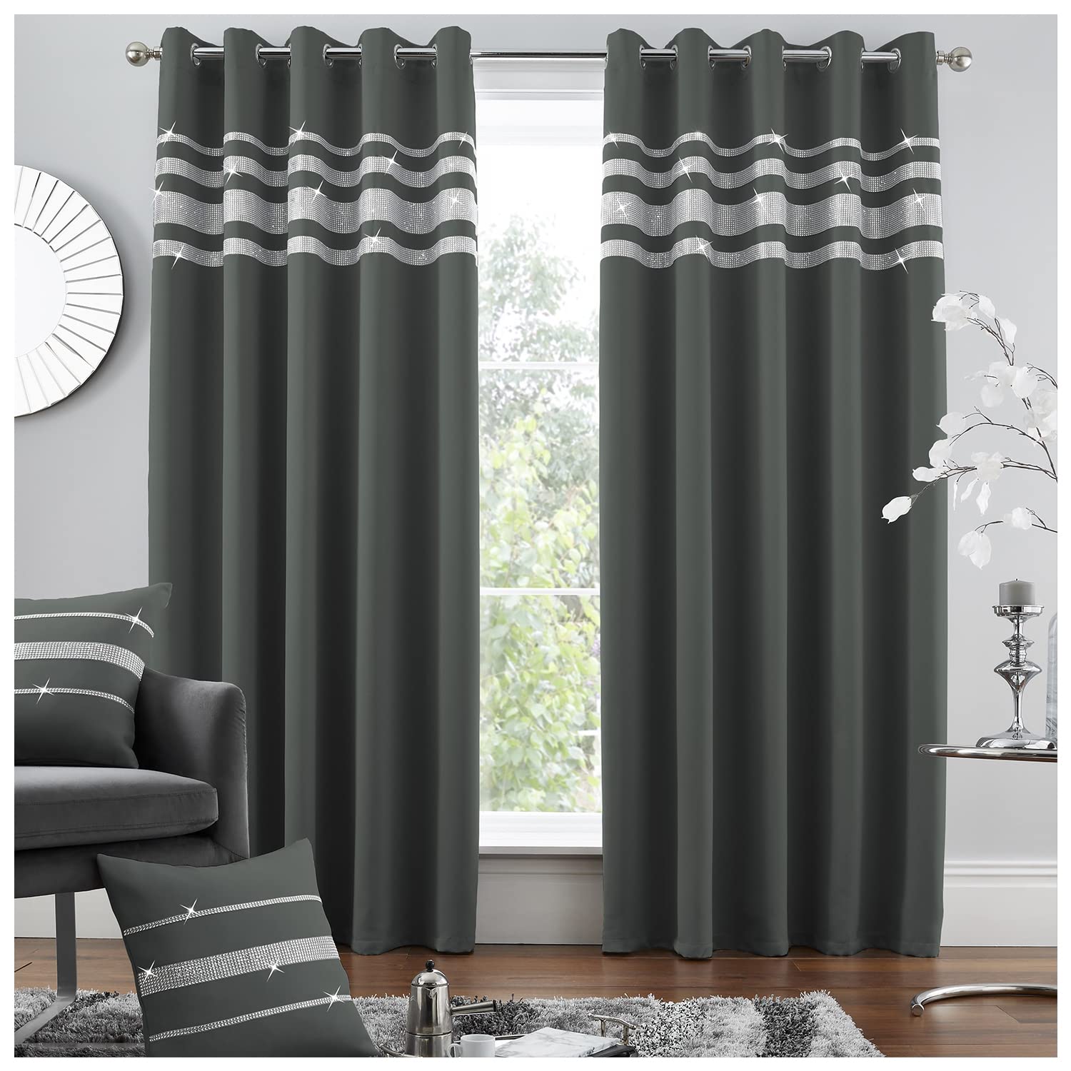 GC GAVENO CAVAILIA Blackout Shiny Thermal Insulated Eyelet Curtains, Diamante Ring Top Darkening Living Room Panels, Black, 66X90