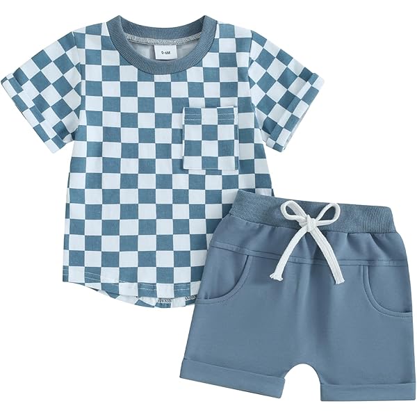 ELF Baby Boy Summer Clothes Checkerboard Print Short Sleeve Round Neck T Shirt With Shorts 2pcs Outfit