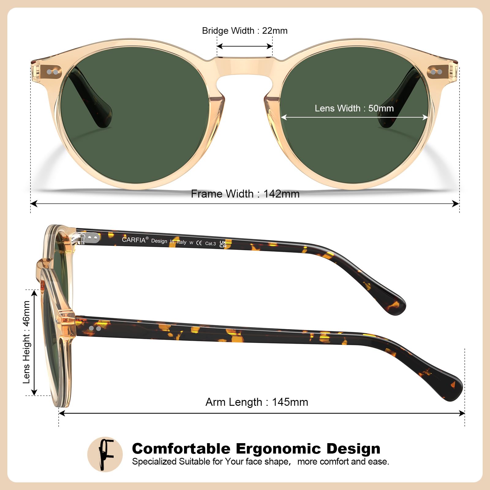 CARFIA Retro Round Polarized Mens Sunglasses UV Protection Acetate Frame CA5289L