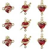 FASHEWELRY 12Pcs Sacred Heart of Jesus Links Connector Charms 16K Gold Plated Glass Red Heart Charms Crystal Gothic Pendants for Earring Necklace Bracelet Jewelry Making Accessories