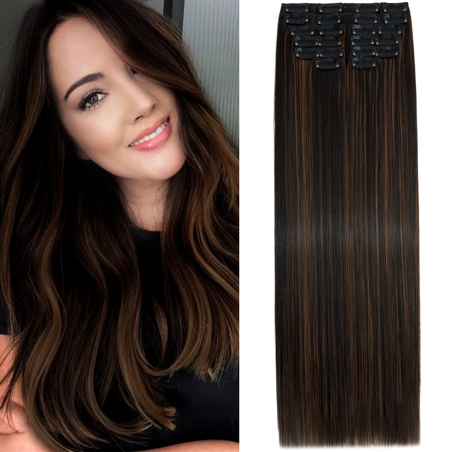 S-Noilite 22 Inches Long Straight Hair Extensions Clip in Full Head 12PCS Hair Extensions Clip on Synthetic Fiber Hairpieces for Women - Dark Brown mix Light Auburn โ image 1