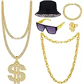 Hysagtek 80s 90s Hip Hop Costumes Kit 90s Outfit for Men Women Rapper Accessories Fake Gold Chain Bracelet Dollar Sign Ring