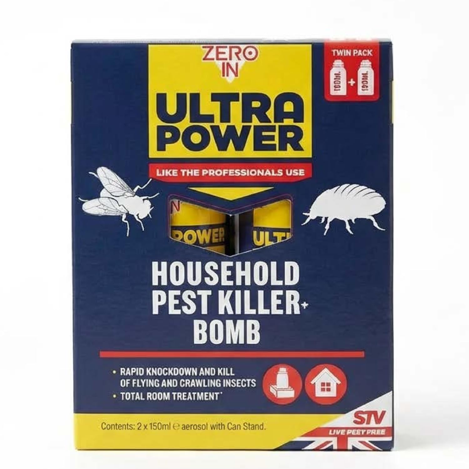 Zero In Ultra Power Natural Insect Killer Bomb - 150 ml One-Shot Aerosol – Twinpack One-Shot Aerosol Bomb, Kills Flies, Cluster Flies, Fleas, and Bed Bugs Use in Homes, Lofts and Outbuildings