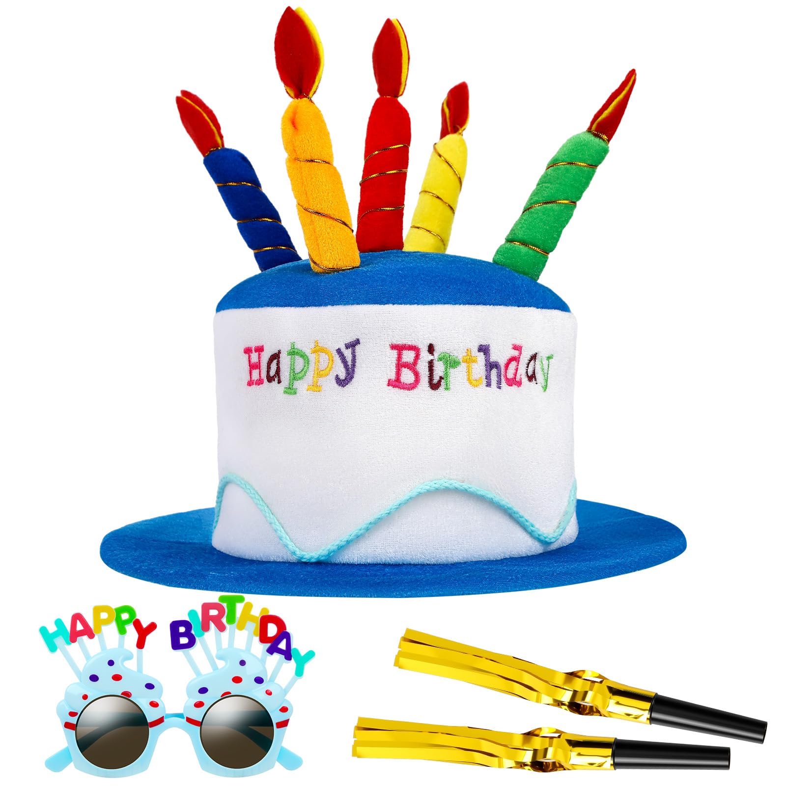 Photo 1 of ***JUST THE HAT*** Jansun 4PCS Birthday Hat Set for Adults, Unisex Adult Size Plush Cake Hats with Sunglasses Party Blowers, Happy Birthday Hats Party Novelty Decorations Costume Accessories