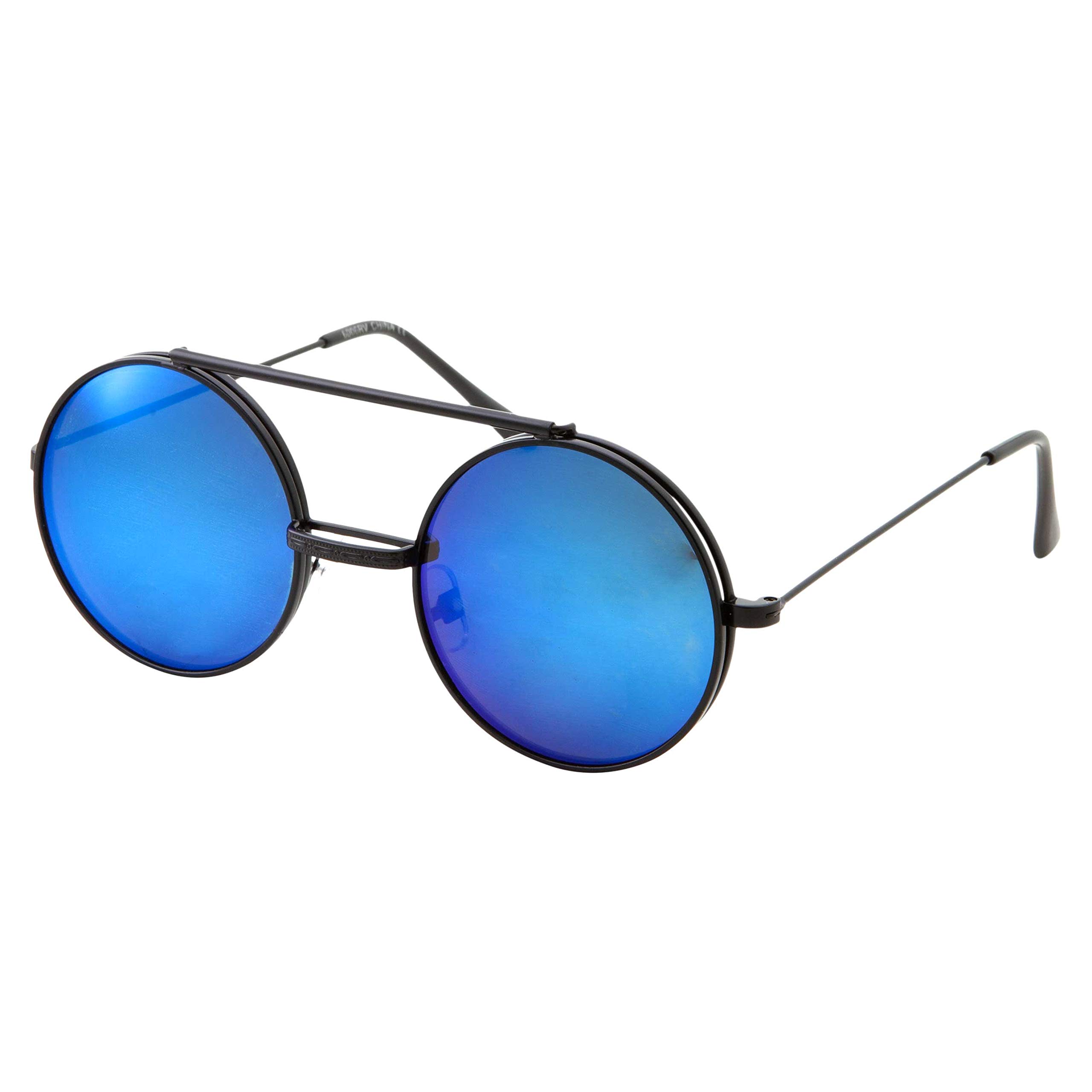 Women’s Blue Mirrored Sunglasses with Black Frame Black Retro-Vintage Low Bridge Fit Round Mirrored Sunglasses  main image 3