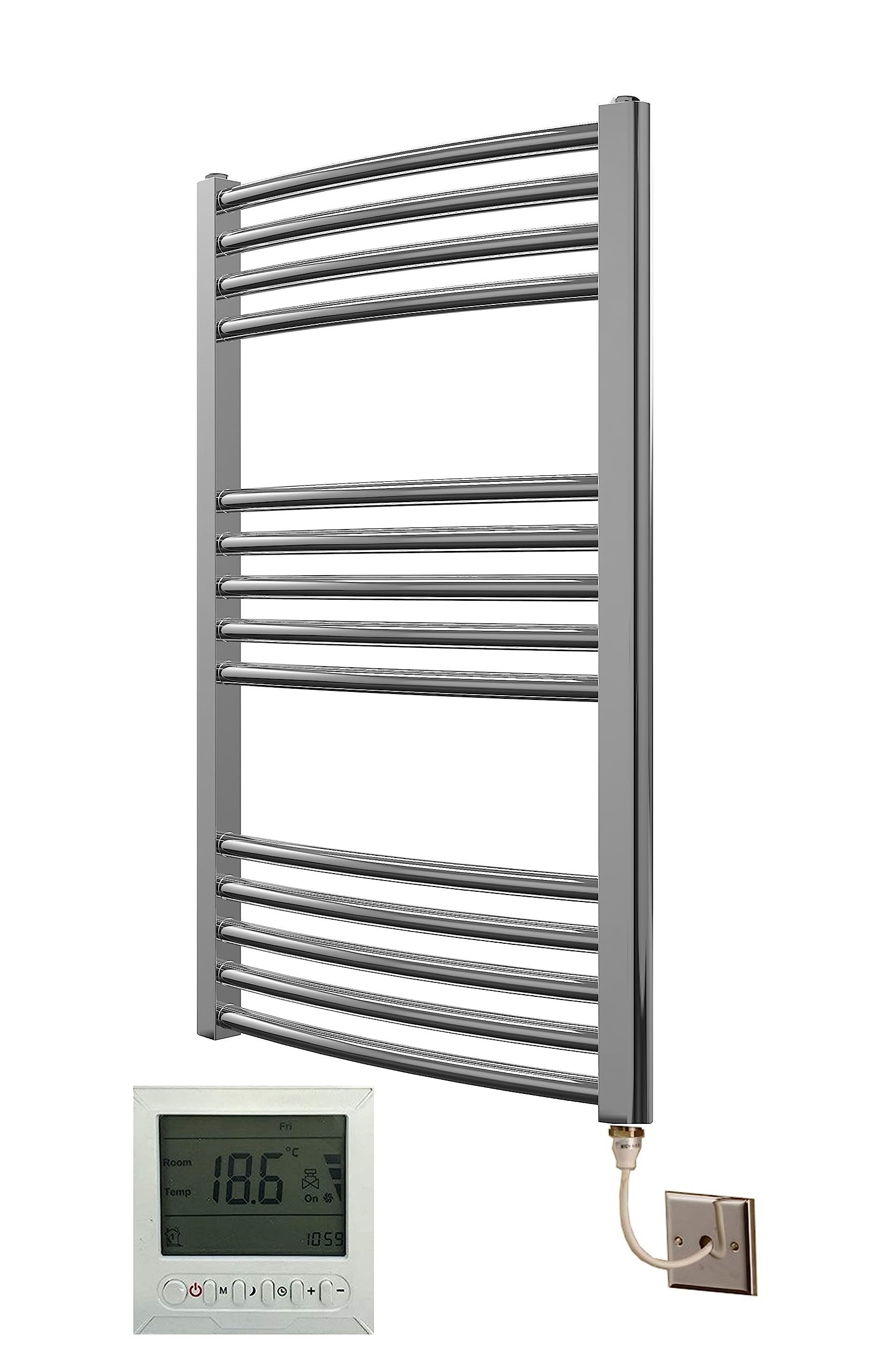 Greened House Electric Chrome 500W x 800H Curved Towel Rail + Timer and Room Thermostat Bathroom Towel Rails