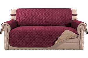 MeilleMaison Sofa Slipcovers Reversible Quilted Loveseat Couch Cover Water Resistant Furniture Protector with Elastic Straps for Pets/Kids/Dog(Loveseat, Wine/Tan) (MMCLKSFD02C8)
