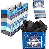 Hongplus 2pcs 13" Large Blue Happy Birthday Gift Bag with Ribbon Handle, White Wrapping Tissue Papers Cards for Boys Girls Kids Men Women Birthday, Gift Bags Party Decorations