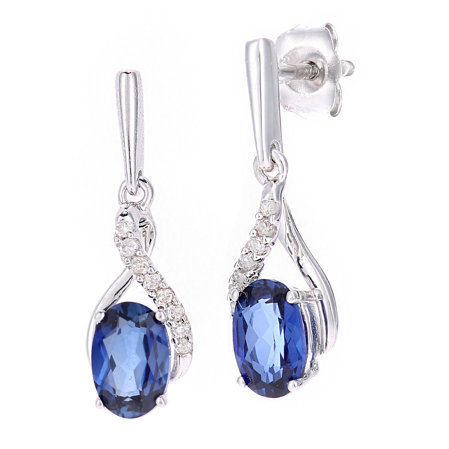Naava 9ct White Gold Oval Tanzanite and Diamond Twist Drop Earrings