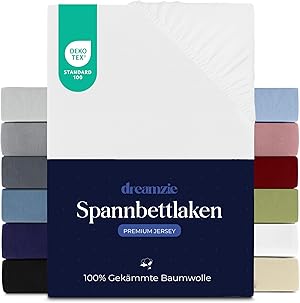 Dreamzie Premium Spannbettlaken 140x200 cm, Spannbetttuch für Dicke Matratzen bis zu 22 cm, Bettlaken 100% Jersey Baumwolle, 150 g/m², Oeko-TEX Zertifiziert - Weiß
