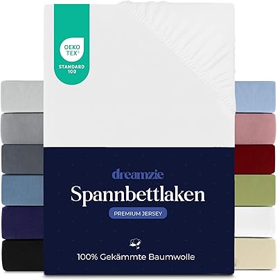 Dreamzie Premium Spannbettlaken 140x200 cm, Spannbetttuch für Dicke Matratzen bis zu 22 cm, Bettlaken 100% Jersey Baumwolle, 150 g/m², Oeko-TEX Zertifiziert - Weiß