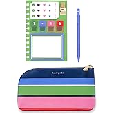 Kate Spade New York Zipper Pouch Filled with Planner Stickers and Accessories, Set Includes Notepad, Sticker Tabs, Black Ink Pen and Holder, Vegan Leather Accessory Bag, Sunny Day Stripe