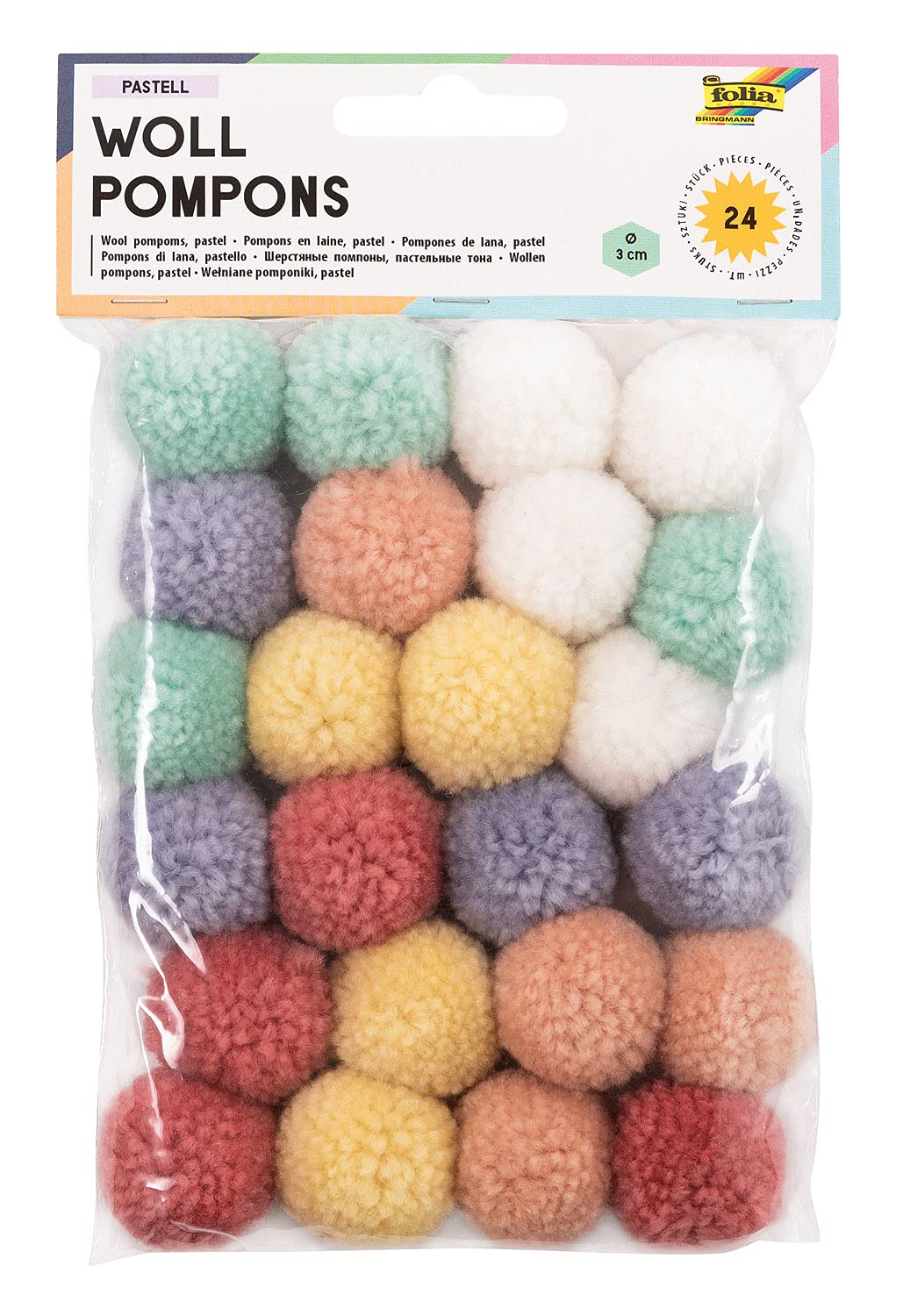 folia 50242 Wool Pompoms Pastel 24 Pieces Assorted in 6 Colours Approximately 3 cm Diameter Ideal for Colourful Crafts