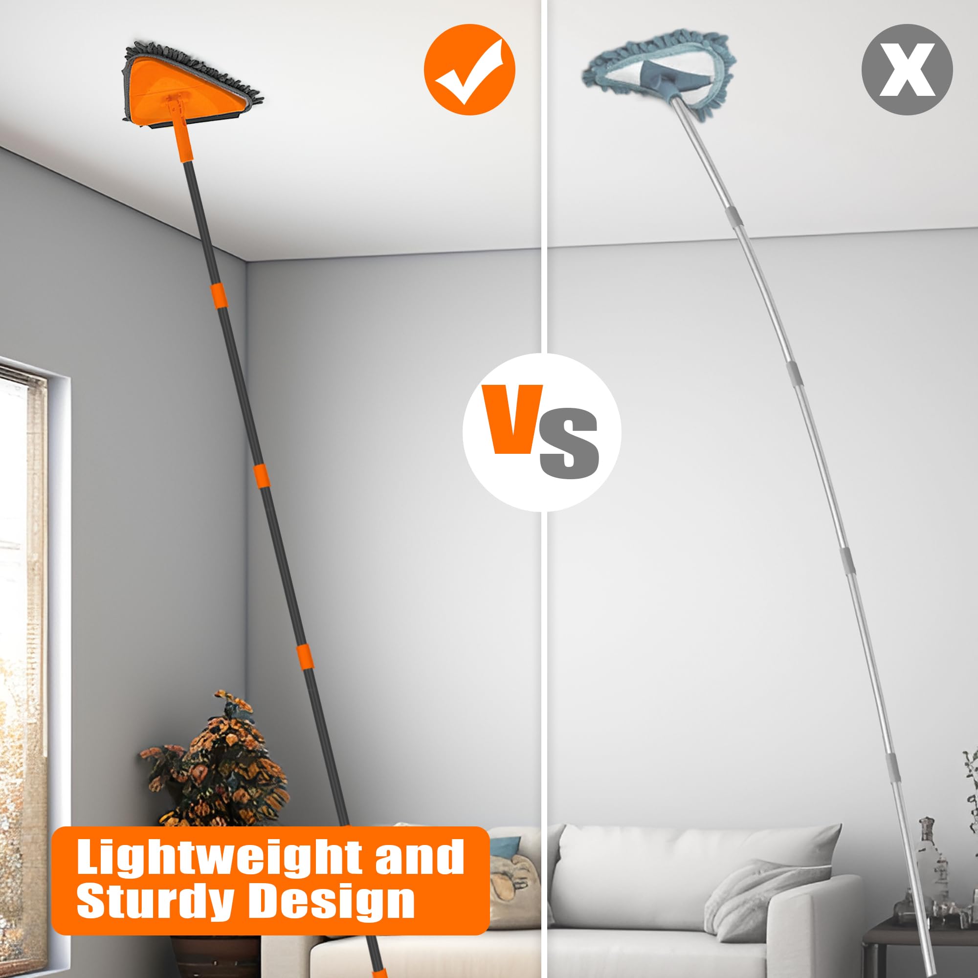 JEHONN Wall Mop with Long Handle 80 inches, Upgraded 180 Collapsible Baseboard Cleaner Tool with Squeegee, Ceiling Duster with 3 Microfiber and 3 Chenille Pads for Cleaning Window, Cabinet (Orange)