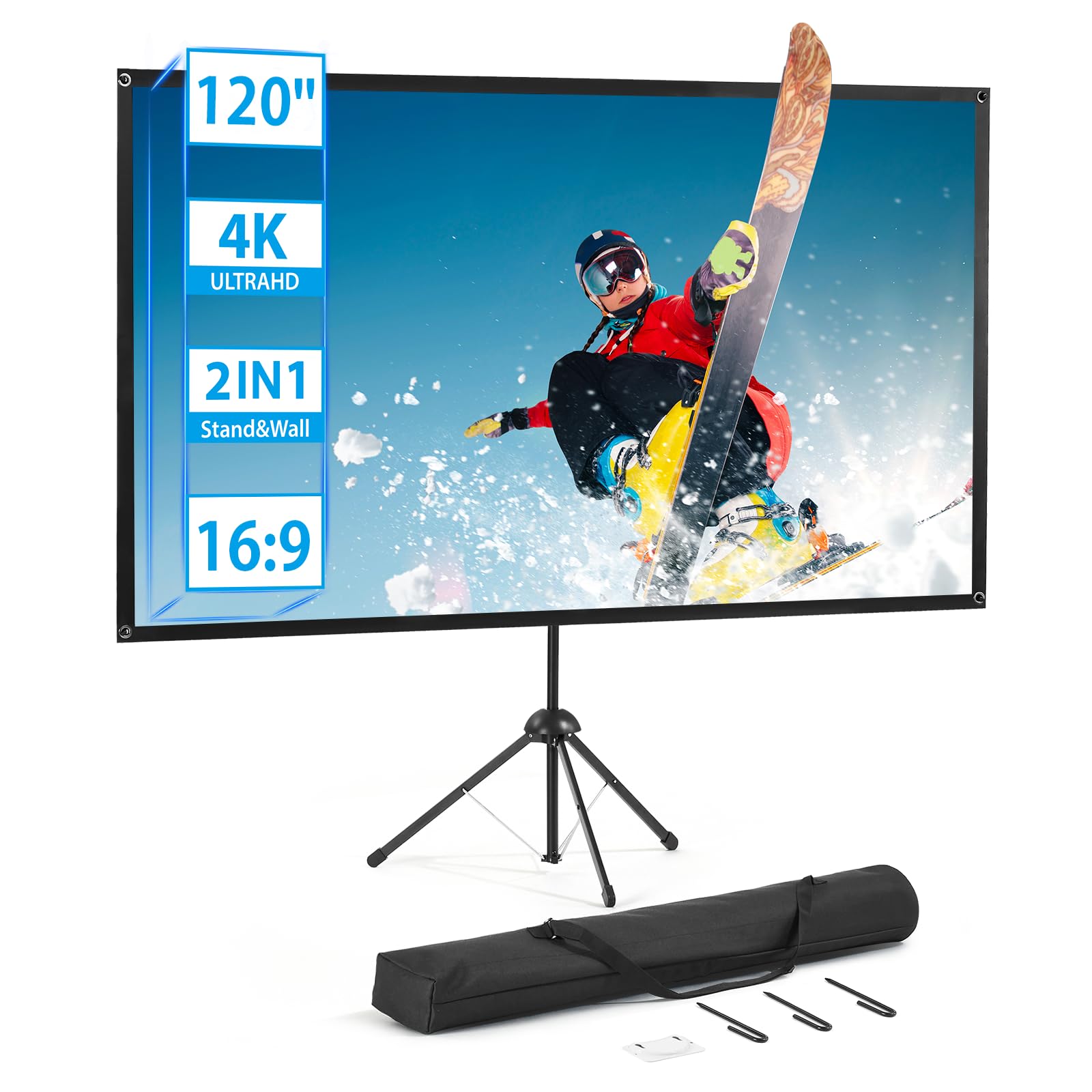 Photo 1 of Projector Screen and Stand, Portable Projector Screen, 120 Inch 16:9, Outdoor Projection Screen, 1.2 Gain, 160 Degree View Angle, 2 Mounting Modes, Fast Setup, Idea for Home Cinema, Backyard Party.