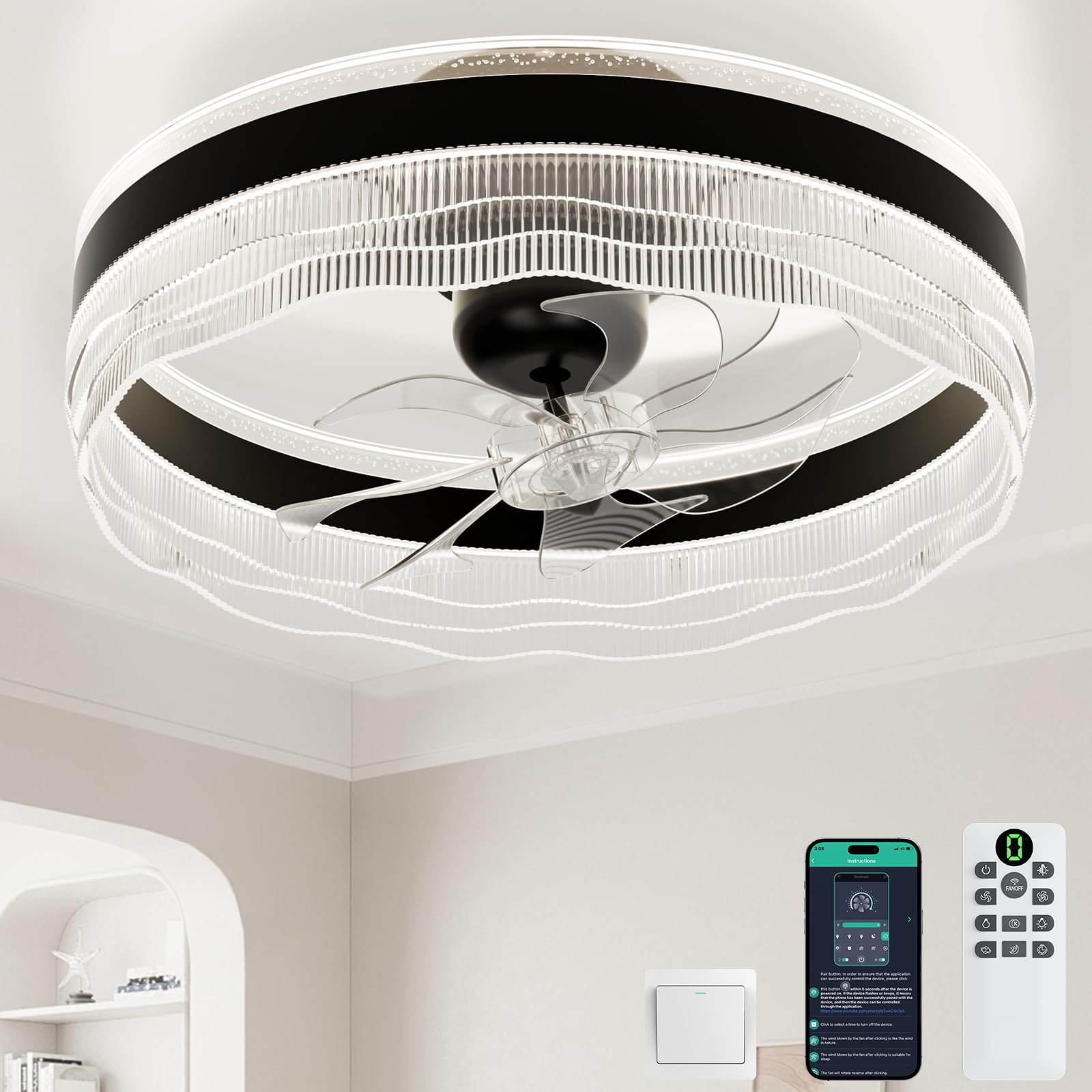 kejector Low Profile Ceiling Fan with Light,20 Inch Fandelier Ceiling Fans with Lights and Remote App Control,360°Oscillation Bladeless Flush Mount LED Fan Light for Bedroom Living Dining Room