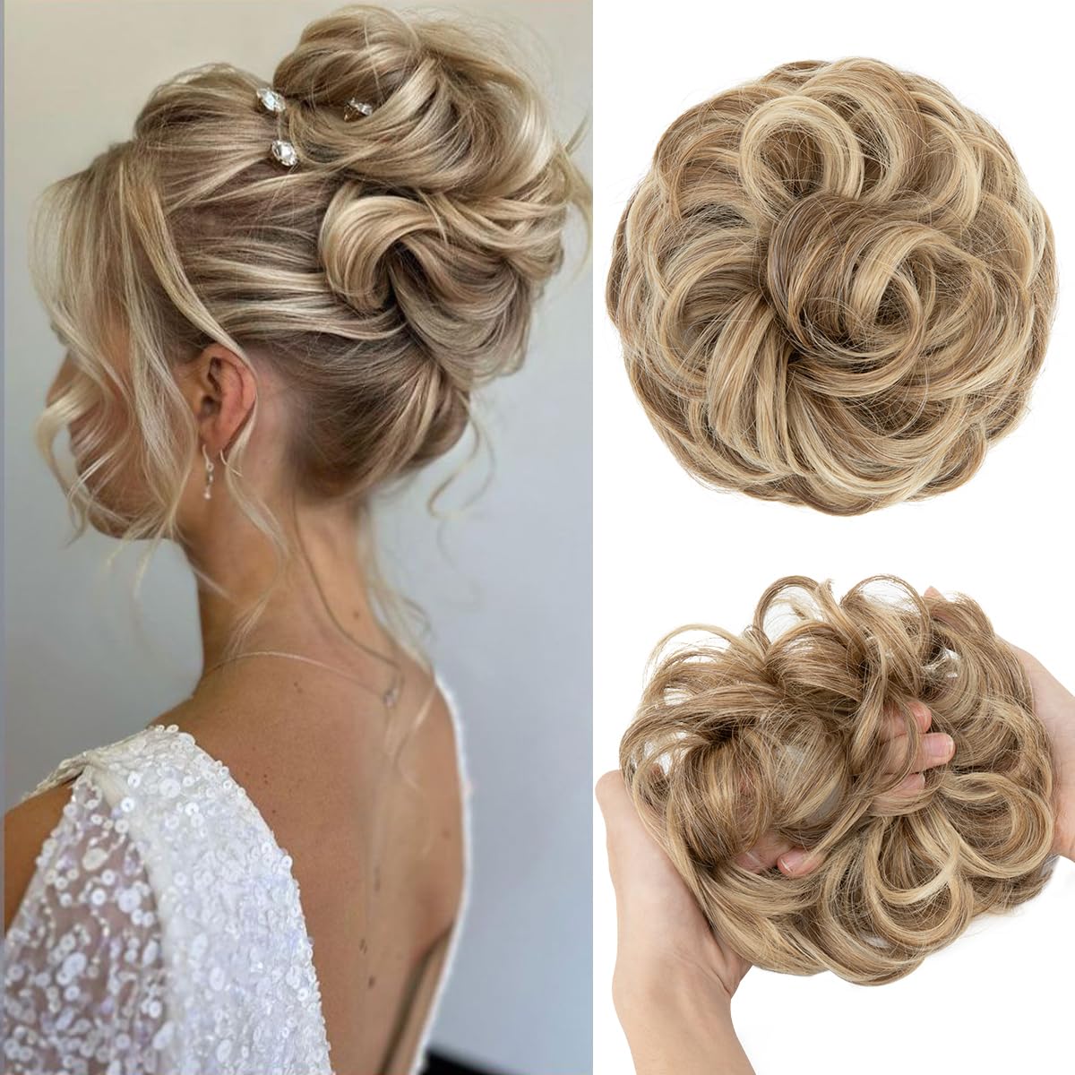 Photo 1 of CJL HAIR Large Messy Bun Hair Piece Wavy Curly Scrunchies Synthetic Chignon Ponytail Hair Extensions Thick Updo Hairpieces for Women Sand