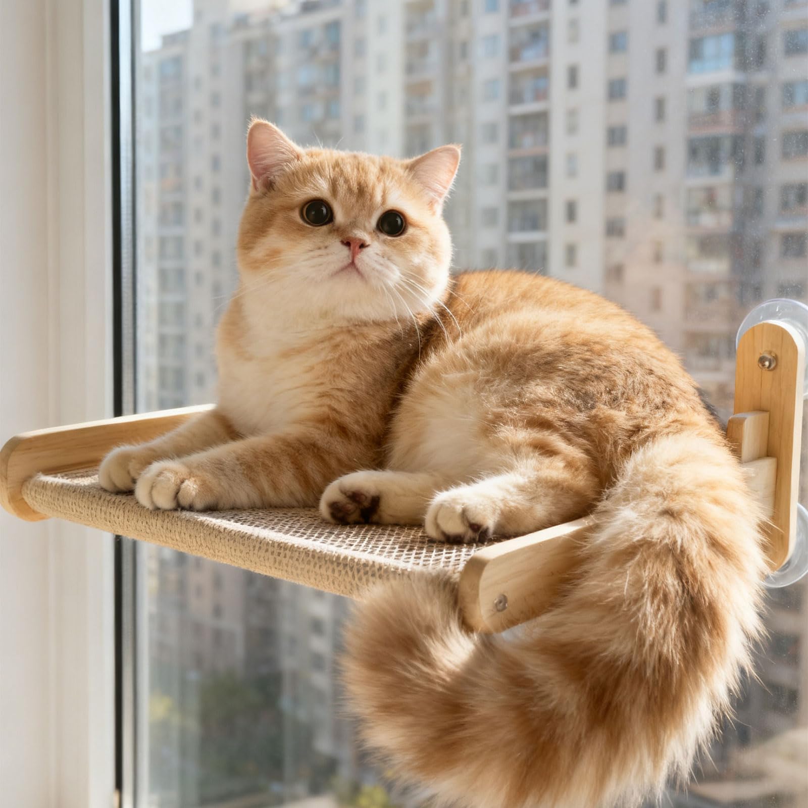 Photo 1 of **FACTORY SEALED**Cat Window Perch with Strong Suction Cups, Cat Window Hammock Foldable Bed with Breathable Mesh, All-Season Lounger for Medium Small Cats to Bird Watch & Sunbathe (Burlywood, L)