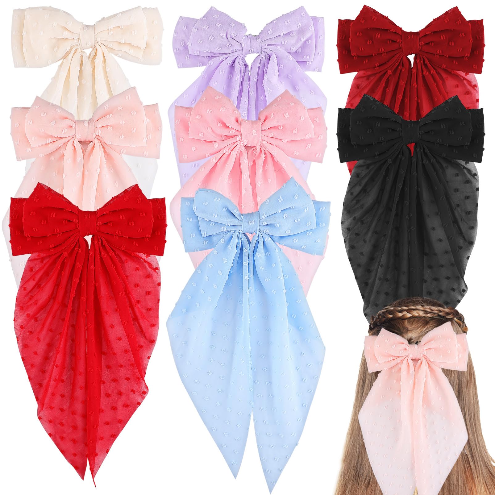 Healeved Big Bow Hair Clips - 8 PCS French Barrette with Long Tail Chiffon, Metal Hair Bows Hairpin for Women Girls - Hair Accessories(Red/Black/Yellow Etc)