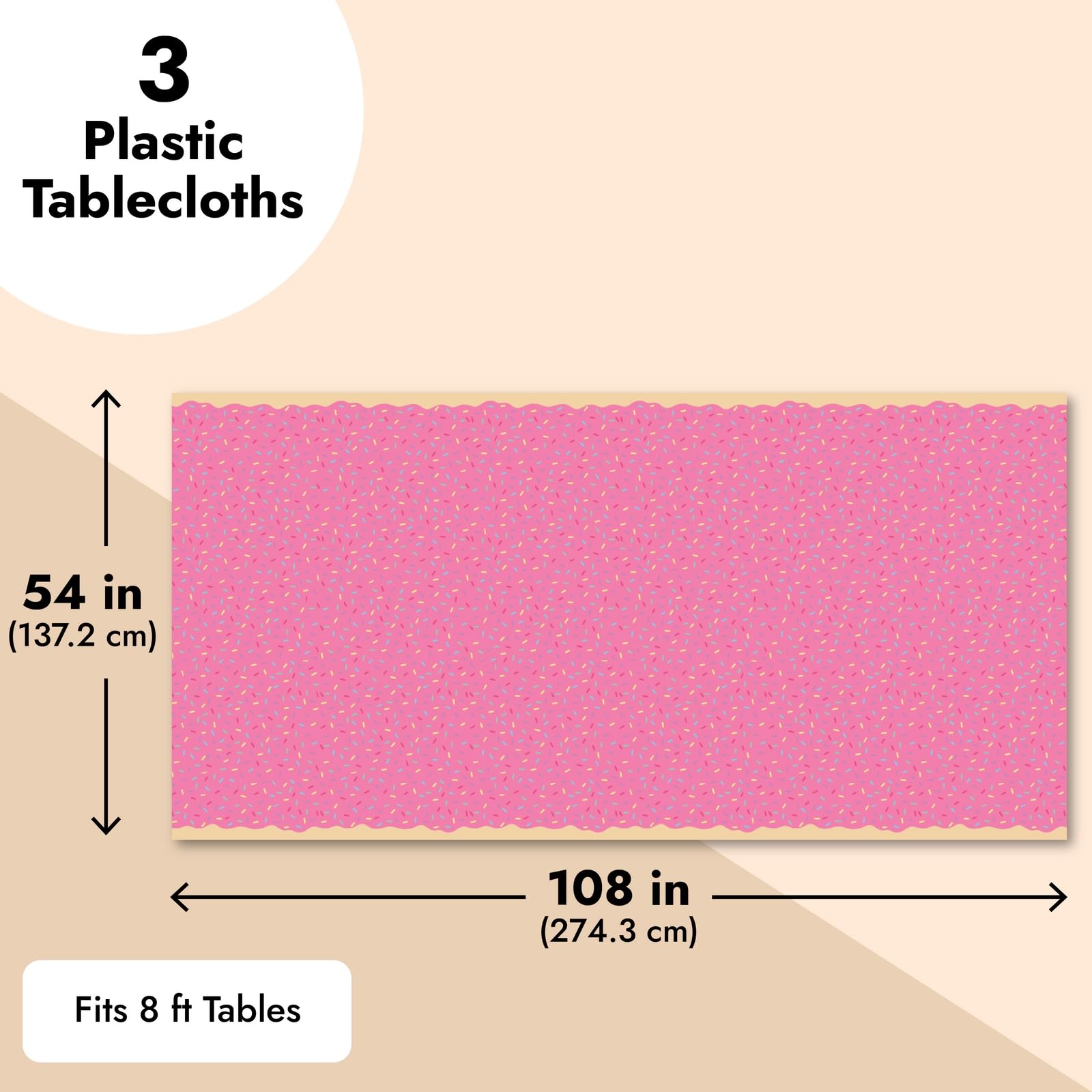 3 Pack Donut Birthday Party Table Covers, 54x108 Inch Pink Sprinkle Tablecloth, Disposable Plastic Rectangle Tablecloth for Donut Themed Birthday Parties & Events